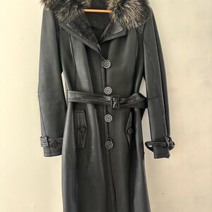 Black Trench Coat with Fur Collar and Belt lamb natural leather winter